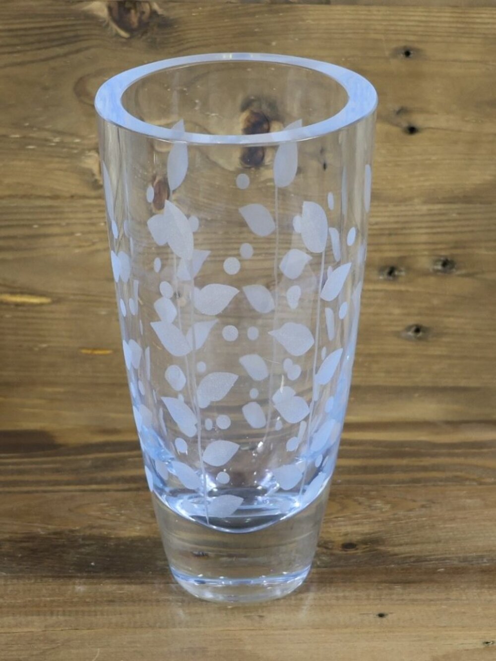 Vintage Orrefors Crystal slight blue Vase 8" Etched Leaves SIGNED Made in Sweden